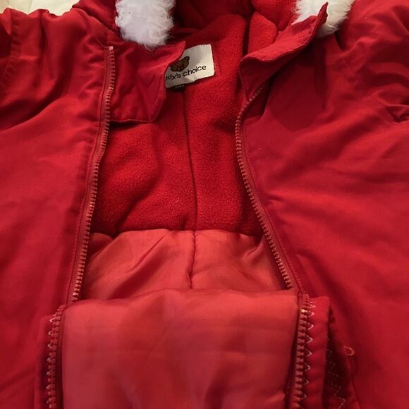 Teddy's Choice Red White Faux Fur Trimmed 1-Piece Warm Hooded Toaster Snow Suit - Picture 8 of 10
